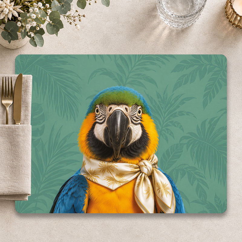 Papegaai placemat The Holidaymaker op een sfeervol gedekte tafel